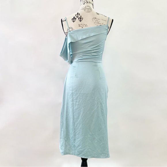 NWT Missguided Satin One Shoulder Asymmetric Ruched Side Midi Dress Blue 2 - Picture 2 of 16